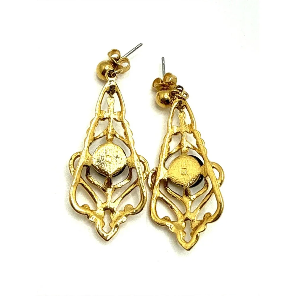 Vintage AVON 1991 GENTLE DRAMA Earrings Gold Tone Black Accent Victorian Style